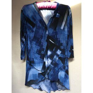Creation Women Split Neck 3/4 Sleeve Printed Hi Low Tunic Top Blouse Medium Blue
